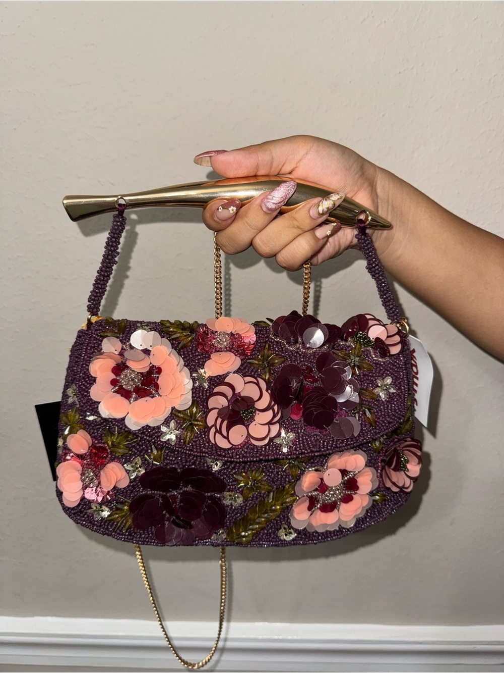 Hand Crafted Purple Floral Sequin Shoulder Bag with Gold Chain